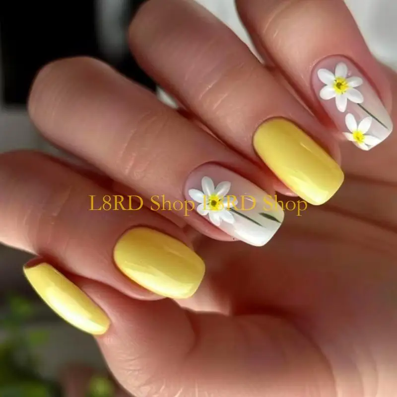 L8RD Colorful Flower Fake Glossy Press on False Tips Artificial