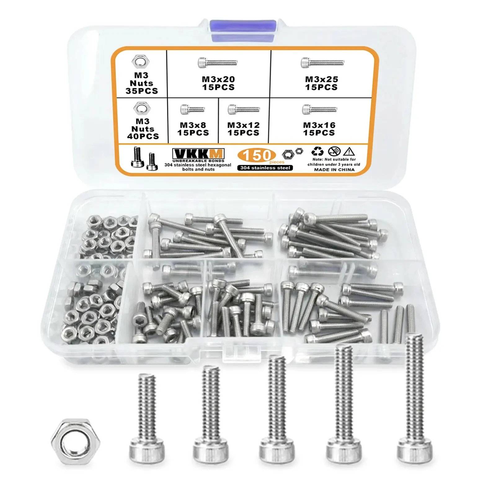150PCS Hex Head Screw And Nut Set, M3 Stainless Steel Screw Series, For Small DIY Repair Projects