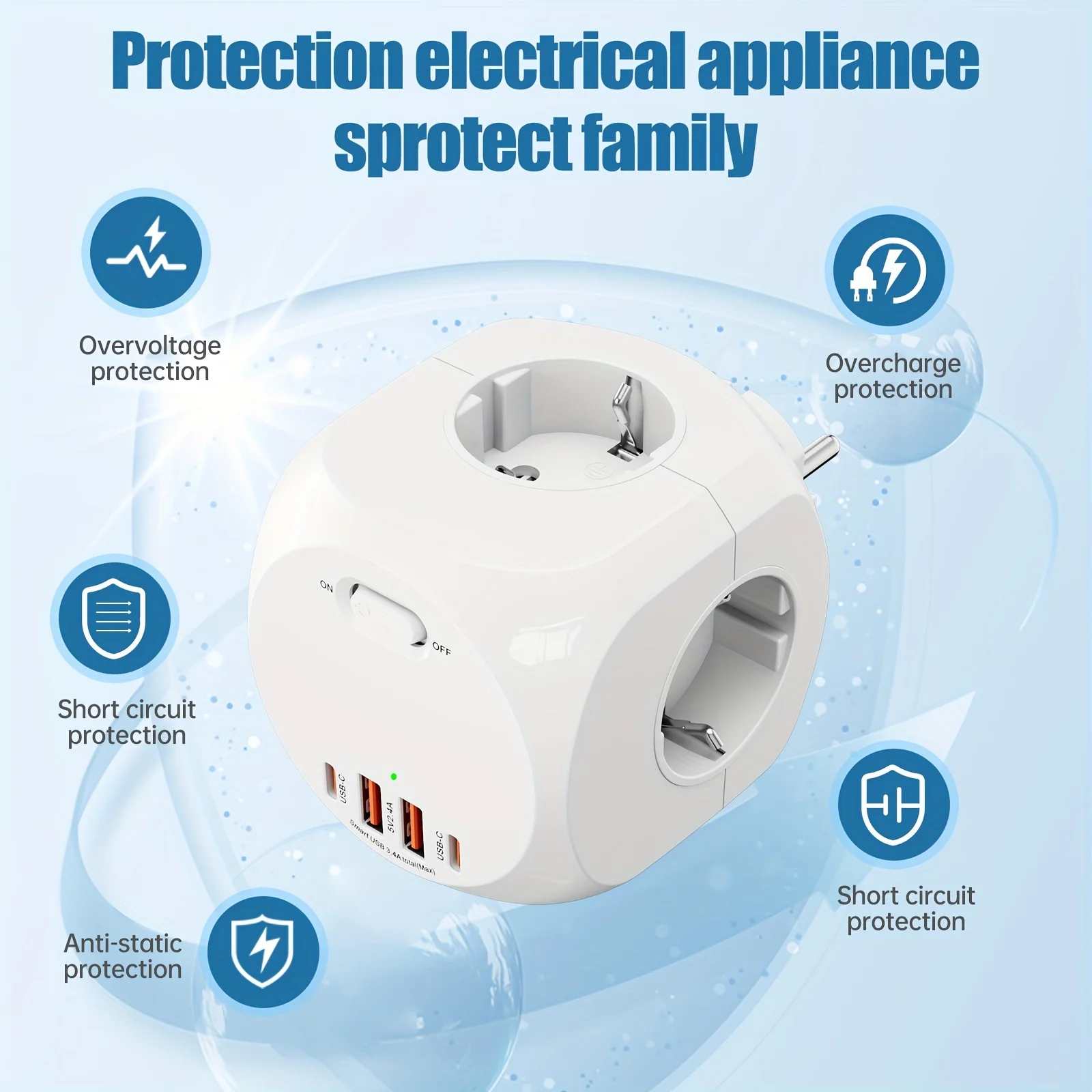 4000W EUプラグ電源タップキューブ、4口コンセント、4USBポート、ヨーロッパ対応マルチソケットアダプター、家庭用壁掛け充電ON/OFFスイッチ付き