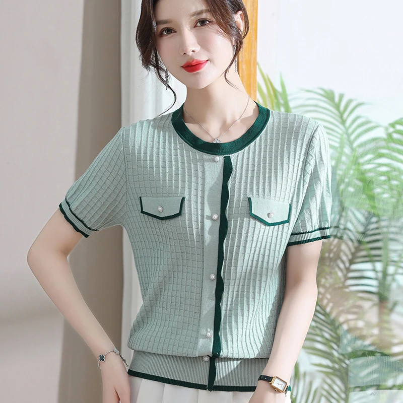 เสื้อสเวตเตอร์ถักผู้หญิง แขนสั้น แบบใหม่ เสื้อไหมพรมคอโอ แต่งลายปะติด รุ่น Q2818