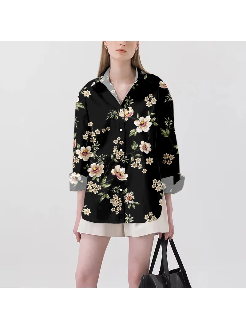 Women's Button Down Shirt Jacket Beautiful Floral Print Flip Collar Long Sleeve Shirt Outdoor Casual Dress Fashion Single