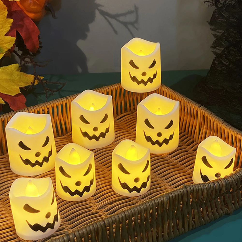 12/24 Stuks Halloween Vlamloze Votiefkaarsen 6 Griezelige Gezichten Patroon Batterij Aangedreven Kaarslamp Voor Halloween Decoratie