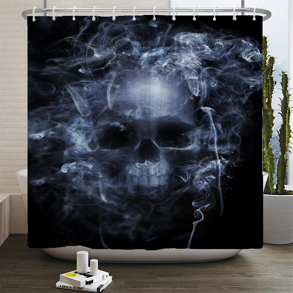 Black Skull Skeleton Printed Shower Curtain Set Horrible Halloween Festival Bathroom Decor Pedestal Rug Lid Carpet Toilet Cover