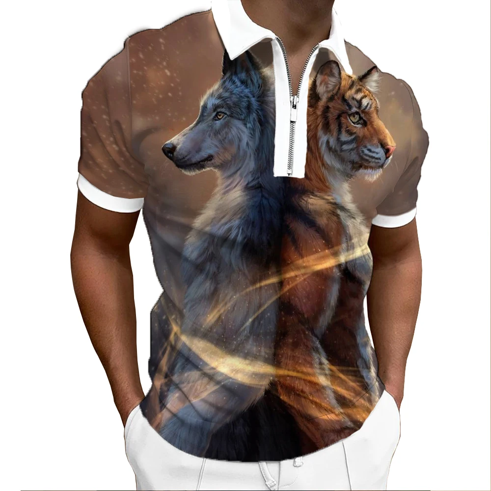 Fashion Sports Top Summer New POLO Shirt Animal 3D Printing Men's Casual Breathable Short Sleeve Zipper T-Shirt Streetwear