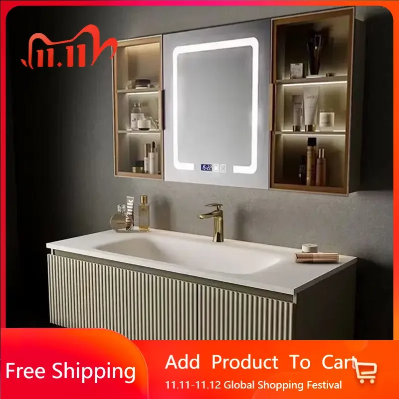 

Compact Luxury Oak Bathroom Cabinet LED Smart Mirror Slate Integrated Washbasin Bathroom Vanity Modern Postmodern Furniture