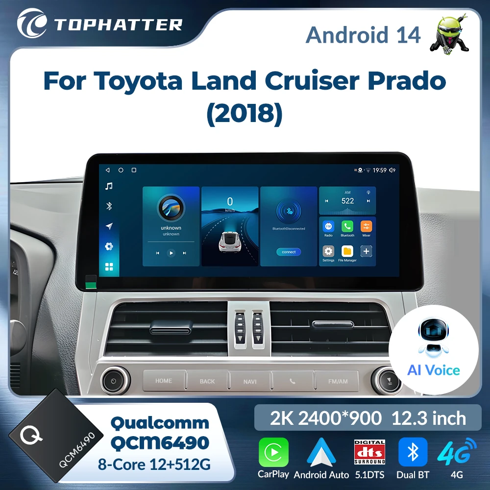 

12.3inch Android 15 Radio For Toyota Prado 150 2018-2022 Qualcomm6490 Multimedia carplay Stereo 2K Screen 2400*900 Head Unit