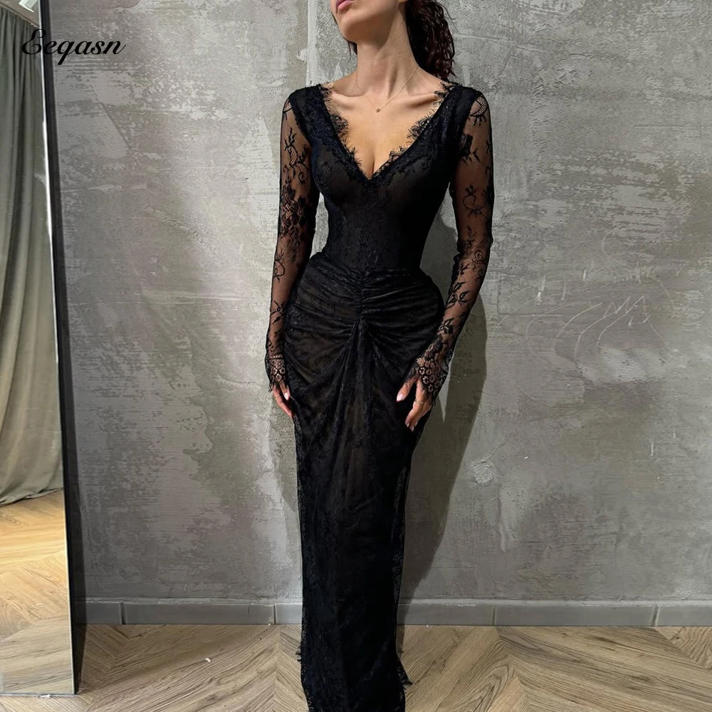 

Customized Black Mermaid Prom Dress Long Sleeve Illusion Vestidos De Noche Floor-Length Wedding Party Formal Evening Gown