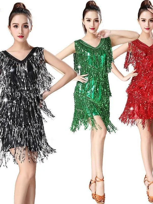 Nuova gonna di paillettes nappa vestito da ballo latino vestiti da ballo latino per adulti Costume da spettacolo di danza femminile