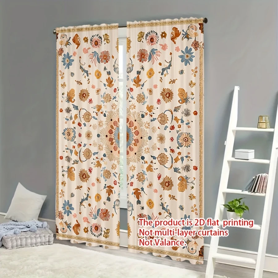 2PCS Digital Print Sheer Curtain, Bohemian Tiny Flowers, Rustic Farmhouse Window Treatment Drape for Bedroom Kitchen Decor