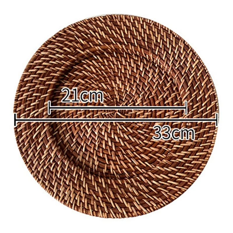 Rattan Tray Retro Elegant Fruit Plate Round Dessert Plate Tabletop Decoration Brown-A27R