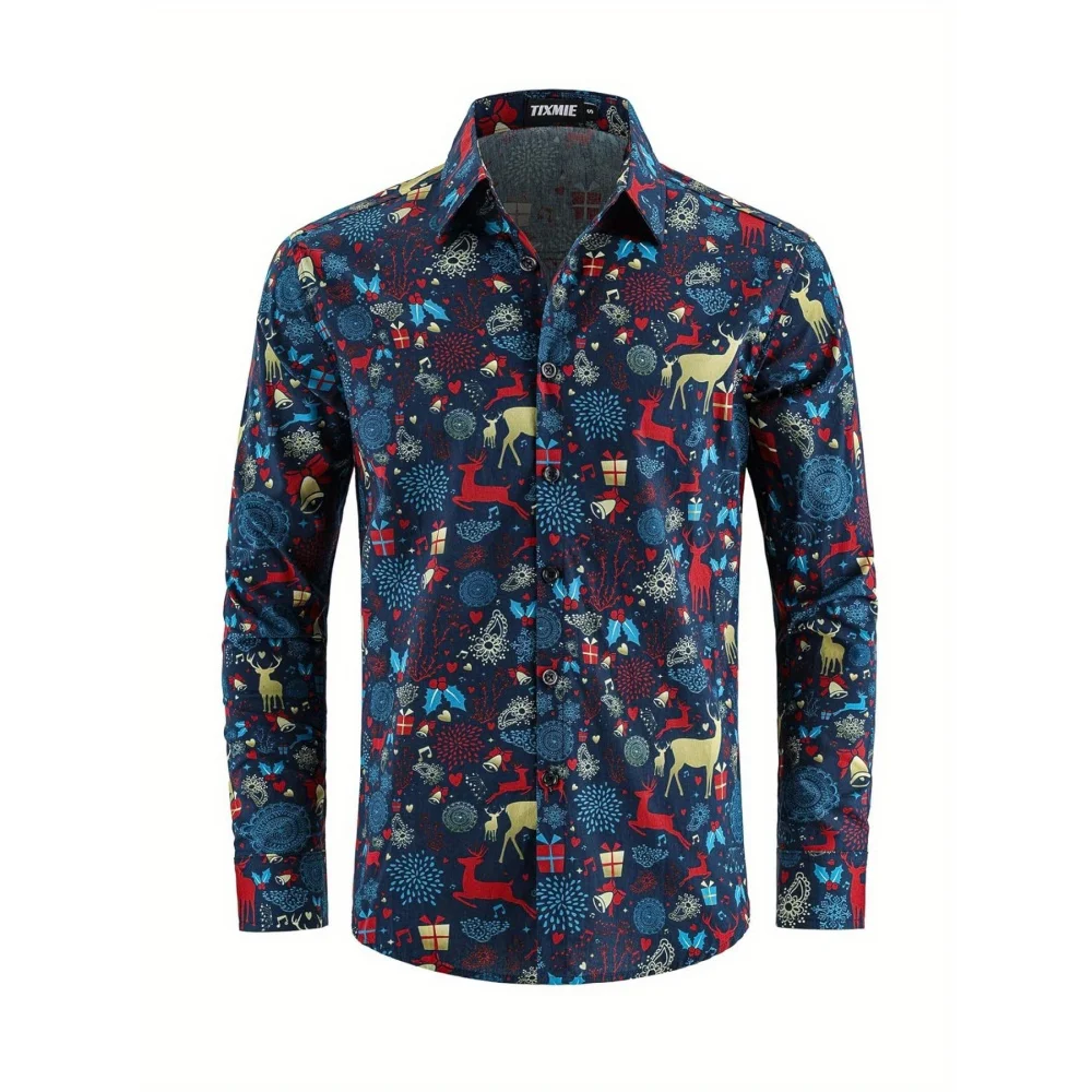 Christmas Santa Elk 3D Print Claus Graphic Beach Shirts Men's Long Sleeve Lapel Oversized Shirt Summer Button Vacation Shirts