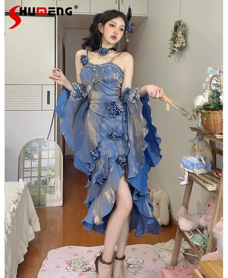 

Lolita Fishtail Dress Women's High Waist Slim Fit Elegant Irregular Long Dress Lady Gothic Dress with Sleeve Spring and Summer