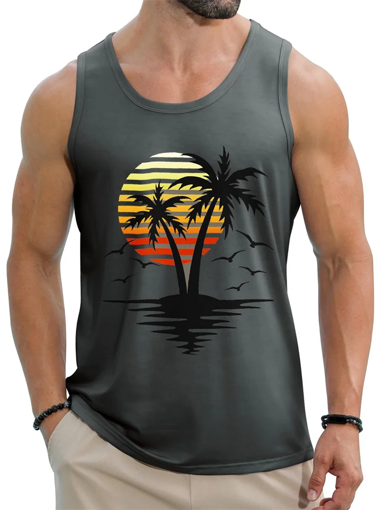 2024 New Summer Fashion Men\'s Sleeveless T-Shirt Classic Hawaiian Beach Coconut Print Men\'s Vest Extreme Sports Surf Vest