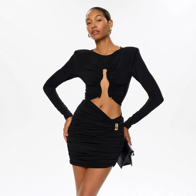 

New Fashion Light Luxury High-end Sense Solid Color Long Sleeved Hollow Slim Sexy Spicy Girl Style Dress for Women 2026 Spring