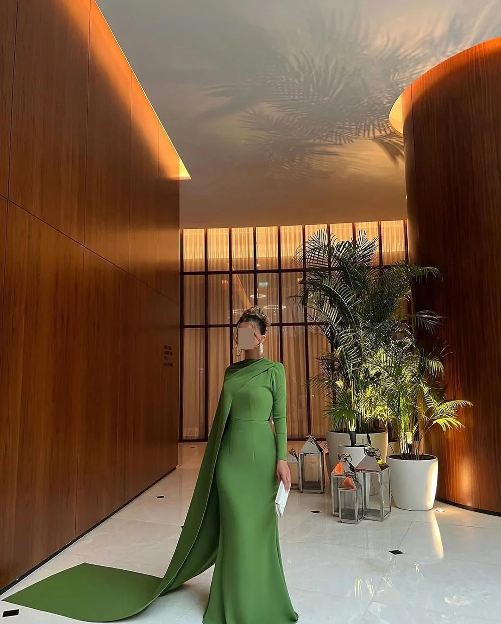 Fnoexw Green Mermaid Evening Dresses Long Sleeves Cape Formal Occasion Dress for Women Saudi Arabic Long Party Prom Gowns Dubai