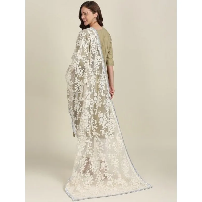 

Floral Embroidered Dupatta with Silver Dupatta Women Off White Indian Saree