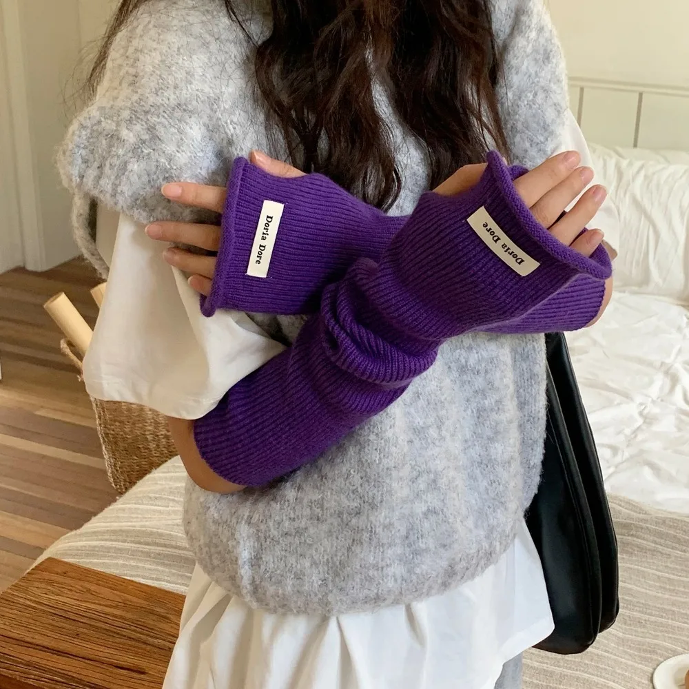 Breathable Korean Style Knitted Warm Sleeves Solid Color Hole Woolen Arm Gloves Sweet Y2k Long Fingerless Sleeves Spring