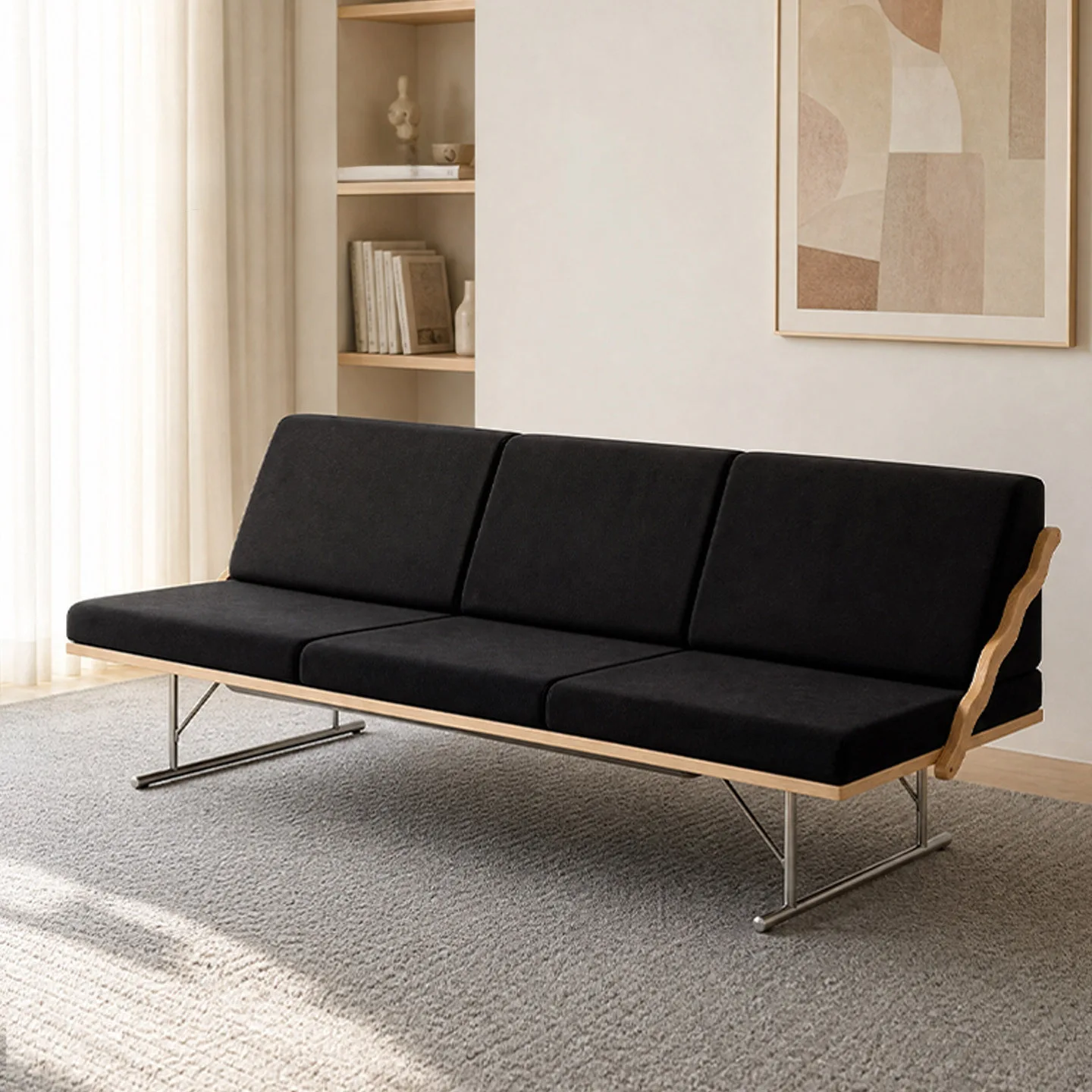 Retro new Chinese style, wavy armrests, straight row three-person sofa, minimalist three-person medieval sofa
