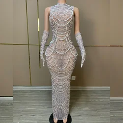 Sexy Stage Mesh Celebrate Prom Gown Birthday Party Dress Performance Photoshoot Wear Sparkly Pearl Rhinestones Glove Dress