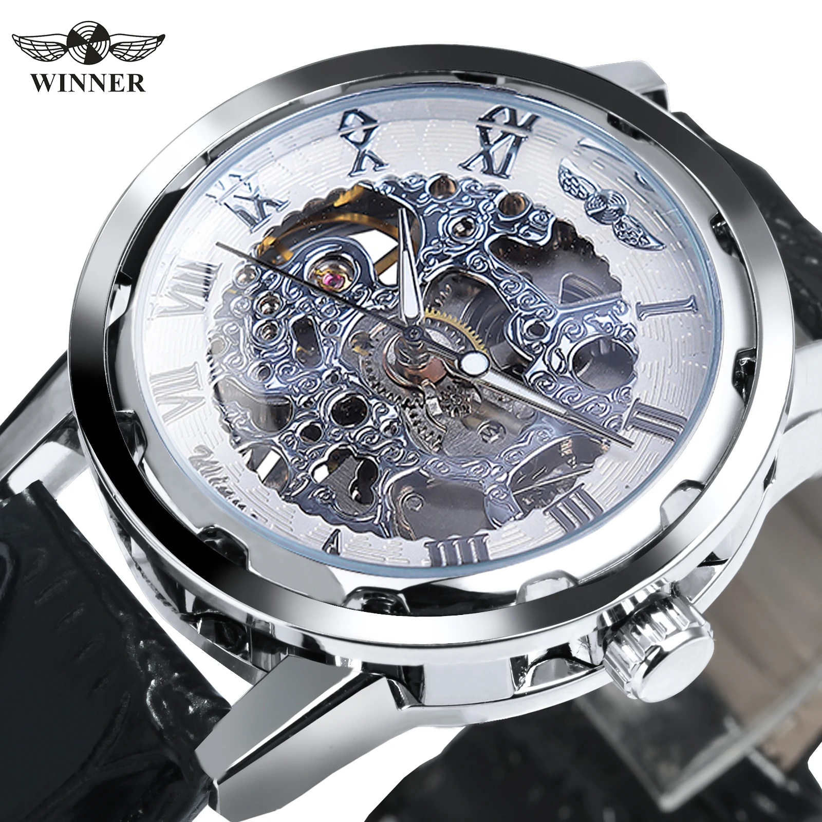 WINNER Classic Transparent Skeleton Mechanical Watches Luminous Hands Silver White Retro Luxury Watch for Men Black Leather Belt