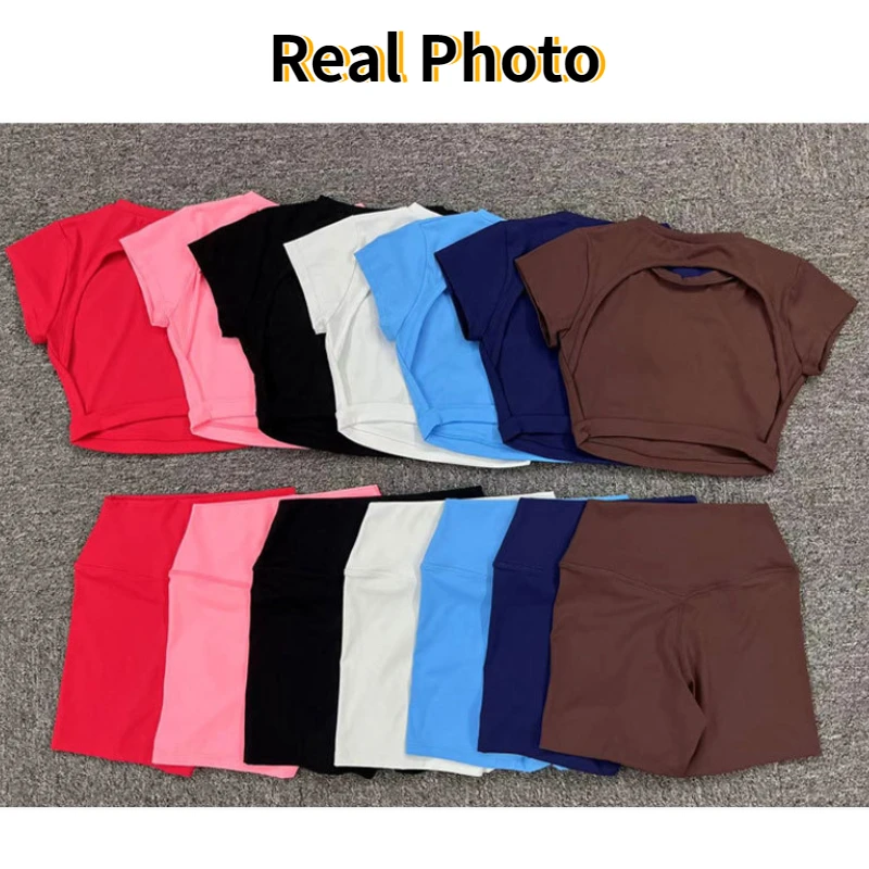 2 Pieces Sports Suit Gym Outfit Set Women Sexy Beauty Back Short Sleeve Crop Top Fitness Shorts Push Up Yoga Clothes Workout Set image 6