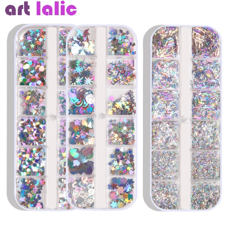 12 กริด/ชุดเล็บ Holographic Glitter Flakes 3D Sequins Paillette ผงขนาดผสมสําหรับตกแต่งเล็บเล็บเครื่องมือ