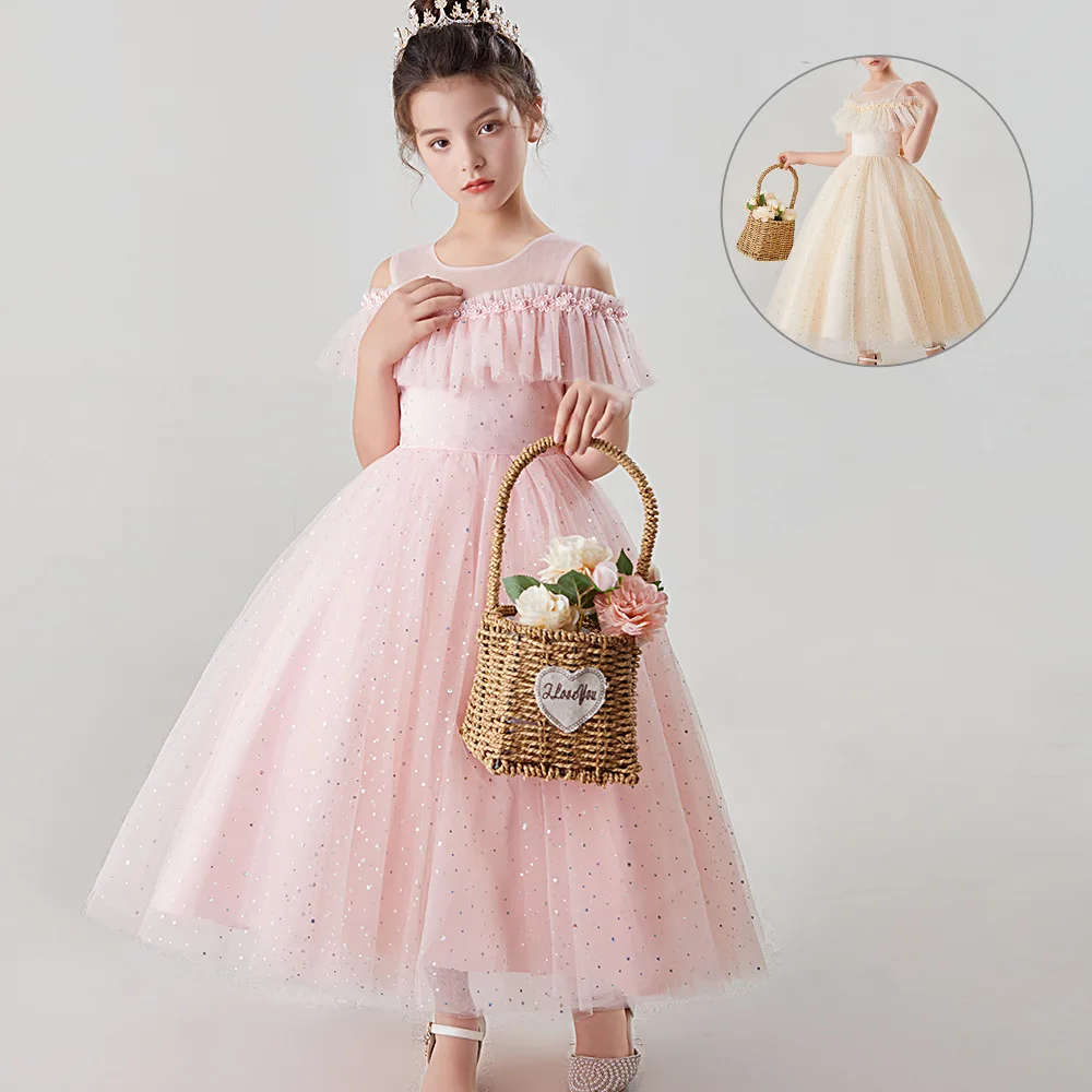 ELBCOS 4-14T Kid Girls Solid Color No-Sleeve Beading Belt Cake Skirt Costumes Evening Full Layered Dress