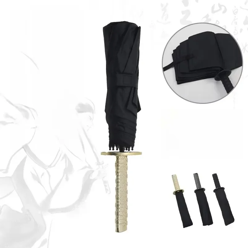 Ninja Sword Katana Umbrella Fold UV Blocking Black Parasol Demon Slayer Tanjirou Japanese Katana Samurai Sabre Umbrella Raincoa