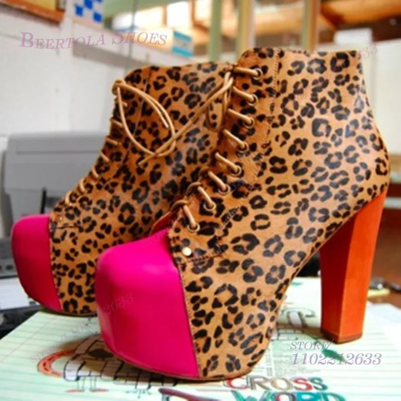 

Suede Ankle Booties Leopard Brown Spotted Women Chunky Heel Black Low Heel Round Toe Black Lace-Up Spring Graffiti Concise Shoes