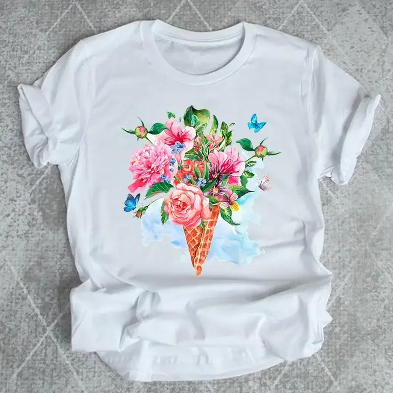 Women T Shirt Print Bike Flower Summer T-shirt Female Graphic Top Short Sleeve T-Shirt Love Valentine's Day Fashion Cartoon Tee