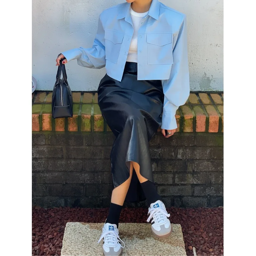 레트로 하이웨이스트 PU 가죽 스커트 여성용 미디 길이 비대칭 밑단 슬림핏 엘레 블라 스커트 모든 연령대용