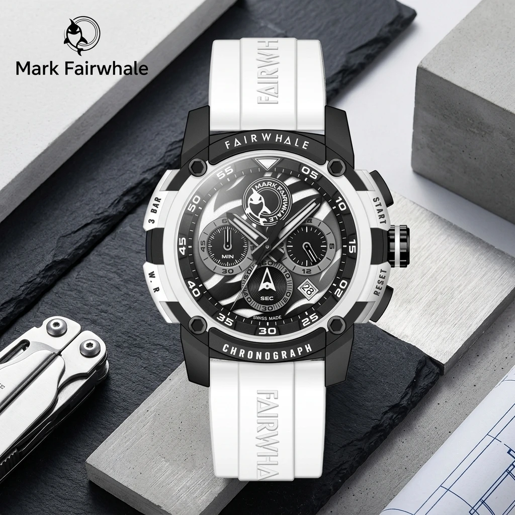 Mark Fairwhale Men Quartz Watch Chronograph Date Display Silicone Strap 3BAR Waterproof Sports Wristwatch Reloj