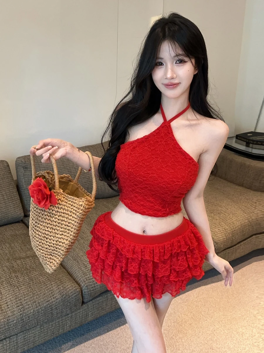

Sexy Spicy Girl Pure Desire Neck Hanging Tube Top Slim Short Vest Top Lace Trim Halter Half Skirt Set Summer Fashion Outfit