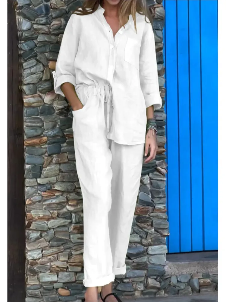 Causal Linen With Pocket Shirt Pants Suits Women Wide Leg Pants Long Sleeves Shirt Sets Ladies Loose High Street 2 Piece Outfits