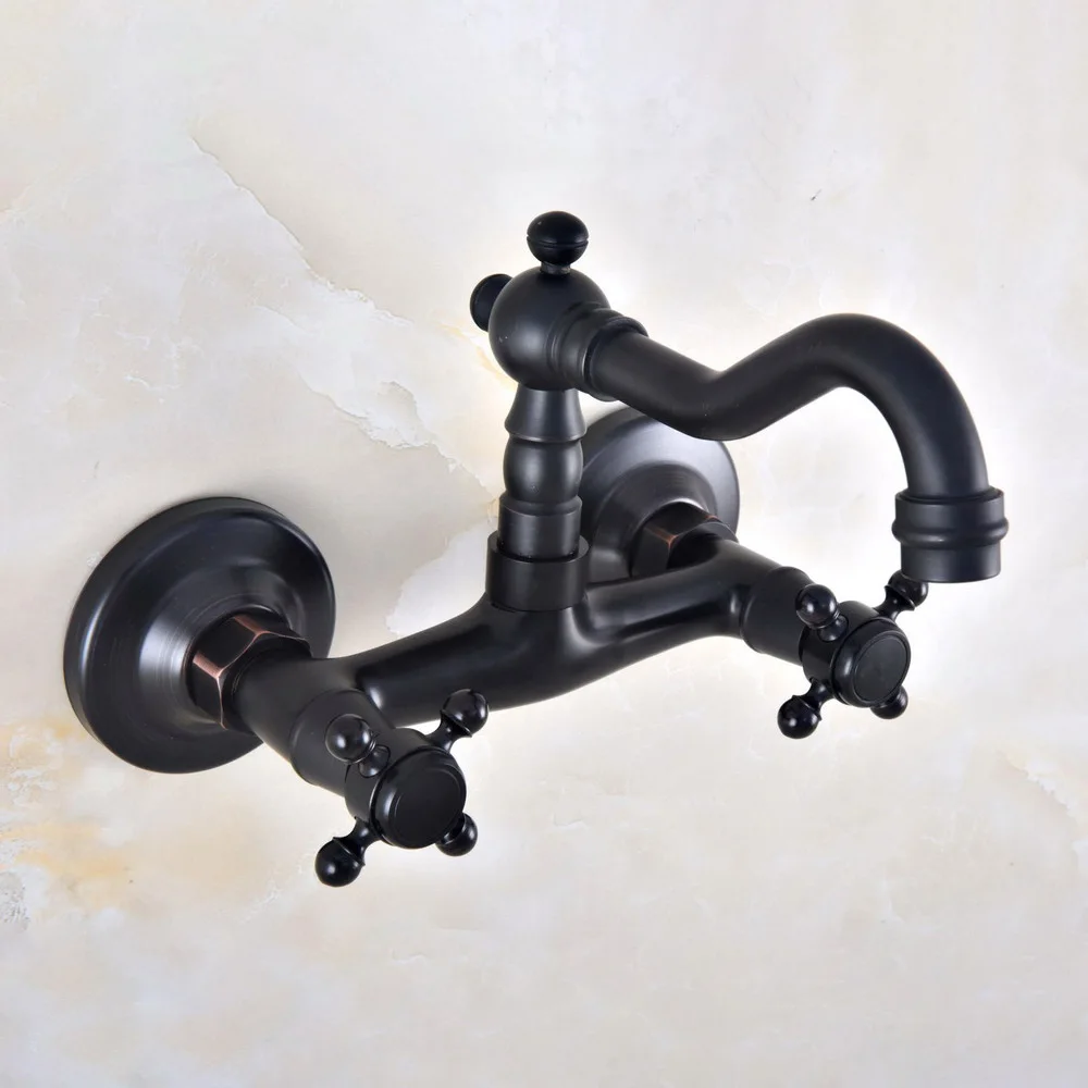 Oil Rubbed Bronze Dual Cross Handles Wall Mounted Hot & Cold Bathroom Kitchen Basin Sink Swivel Faucet Mixer Tap znf818