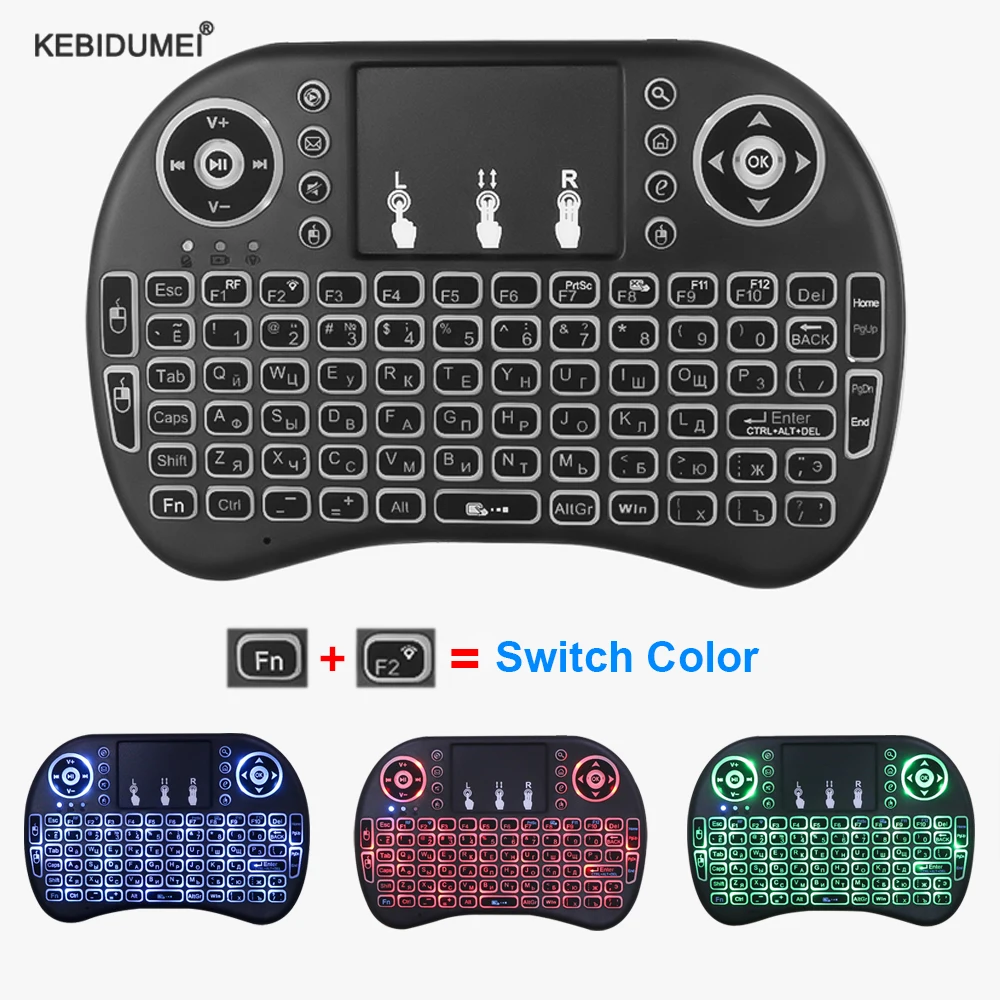 I8 Mini klawiatura klawiatura bezprzewodowa 3 kolory podświetlany 2.4GHz angielski rosyjski Air Mouse z touchpadem zdalnego sterowania dla PC Laptop