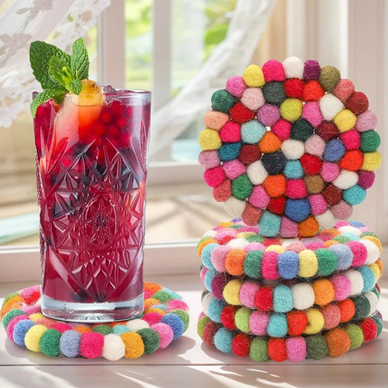 Colorful Round Felt Ball Coasters 4 Inches Wool Felt Coaster Pads Fashionable Handmade Wool Felt Small Cup Mat Rotundity