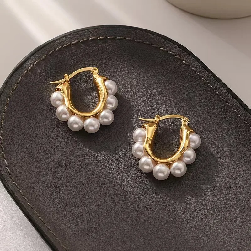 Stylish U-shaped Hoop Earrings Gold Color Elegant Imitation Pearl Earrings Wedding Party Girls Luxury Accessories Women's Gifts image 3