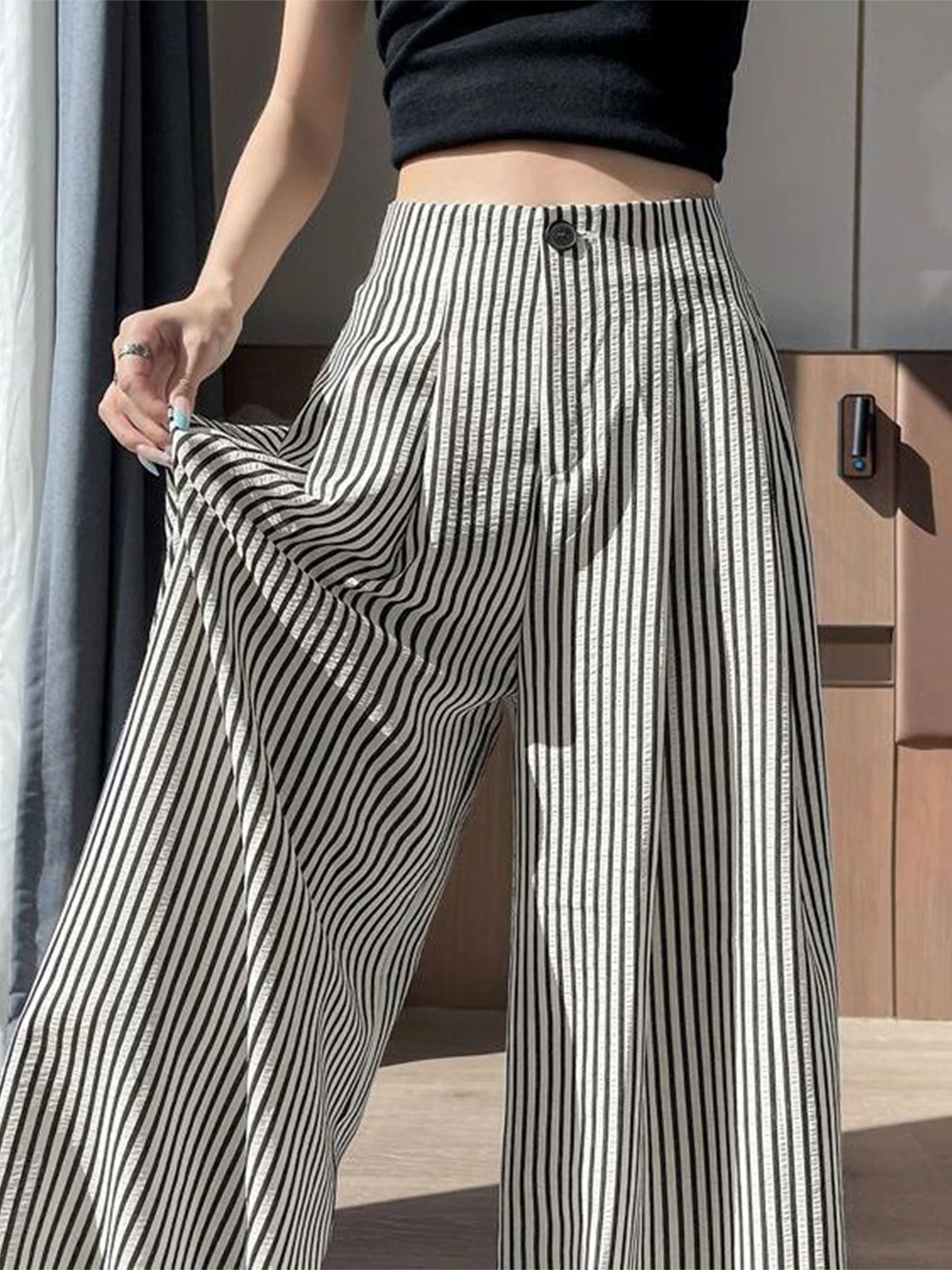 スリムハイウエストストライプワイドレッグパンツ レディース 夏 薄手 コットンリネン スーツ ストレートレッグパンツ ドレープカジュアルパンツ