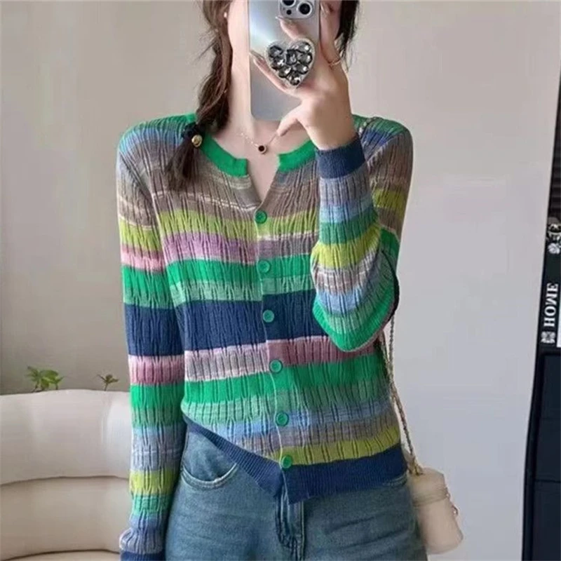 Women Trendy Rainbow Striped Sweet Chic Cute Button Knitted Cardigan Y2K Female O Neck Hollow Long Sleeve Slim Soft Sweater Coat