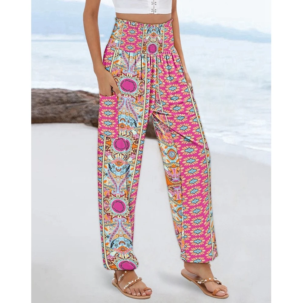 Women Fashion Streetwear Baggy Pants Shirring High Waist Pants Vintage Floral Print Cuffed Pants Casual Work Out Pants