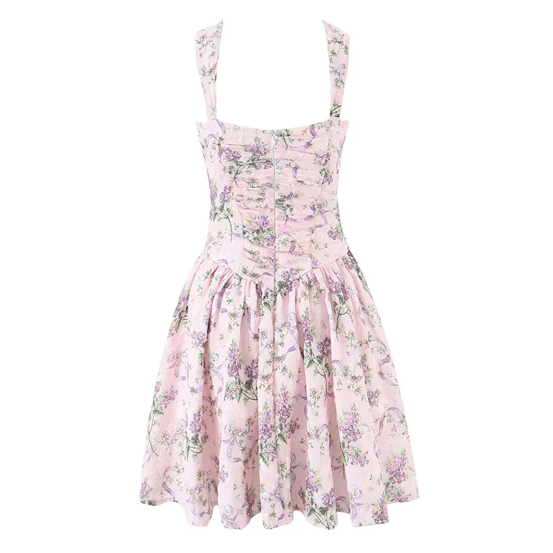 Jastie French Style Floral Print Sleeveless Mini Dresses Women Square Neck Low Waist A-line Slim Summer Dress Holiday Robe 2025