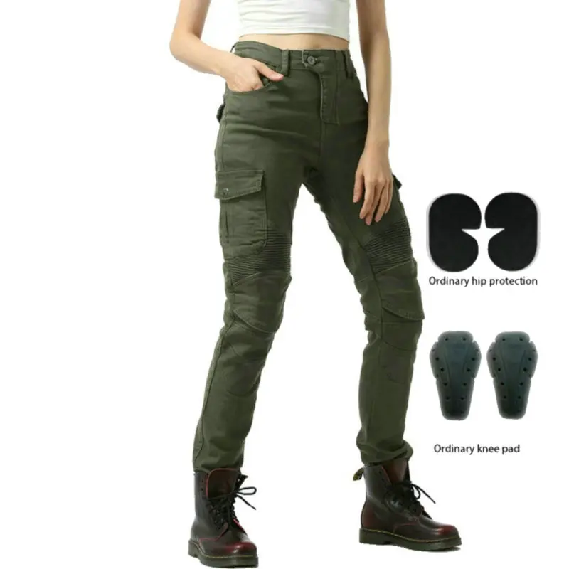 Army Green Motorcycle Riding Pants For Women Volero Protetive Straight Jeans Female Knight Daily Casual Trousers