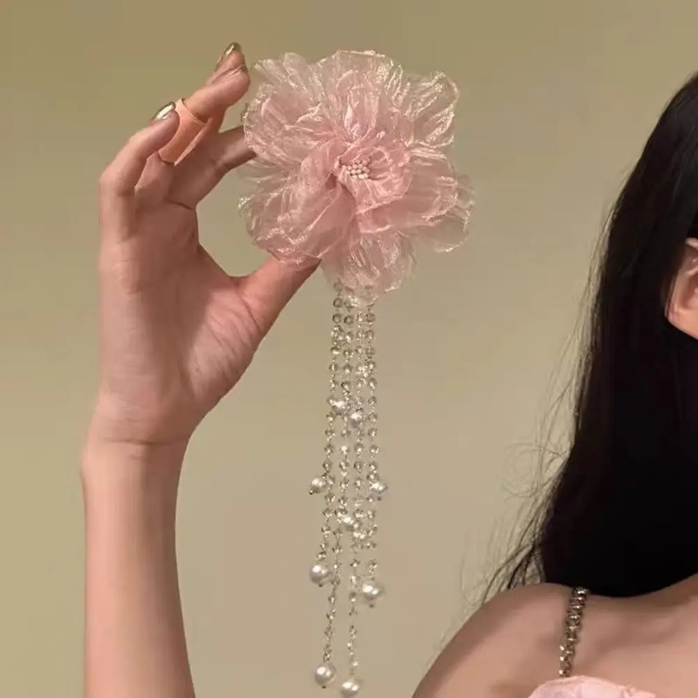 Pinza para el pelo de flor de peonía de gasa rosa elegante, pasadores de estilo con Clip LATERAL de perlas, accesorios para el cabello, tocado largo con borlas para niñas