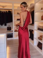 HH mujeres verano Sexy sin mangas vestido largo con espalda descubierta cuello Halter textura de satén de seda vestido femenino elegante vestido de noche de fiesta