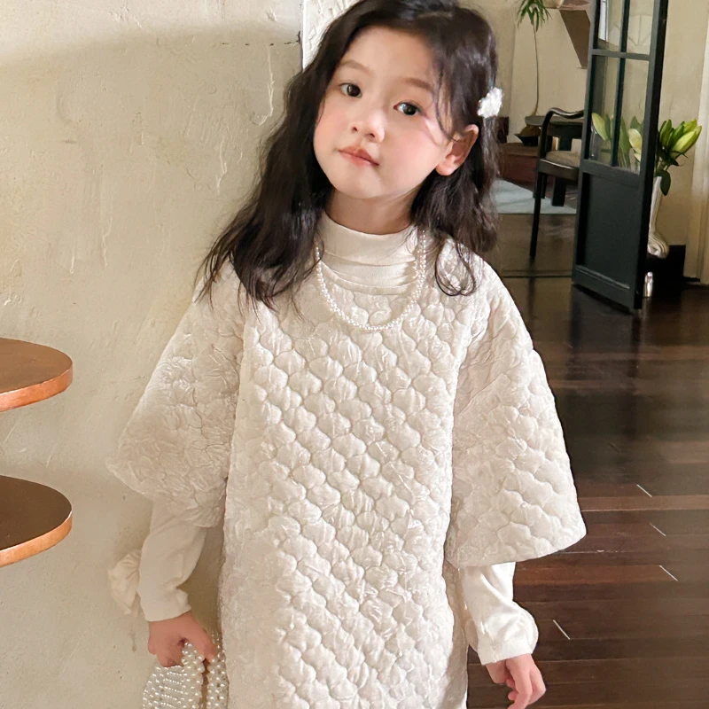 Dress Girl 2024 New Autumn Diamond Lattice Solid Color Sweet Overlapping Puff Sleeve Cute