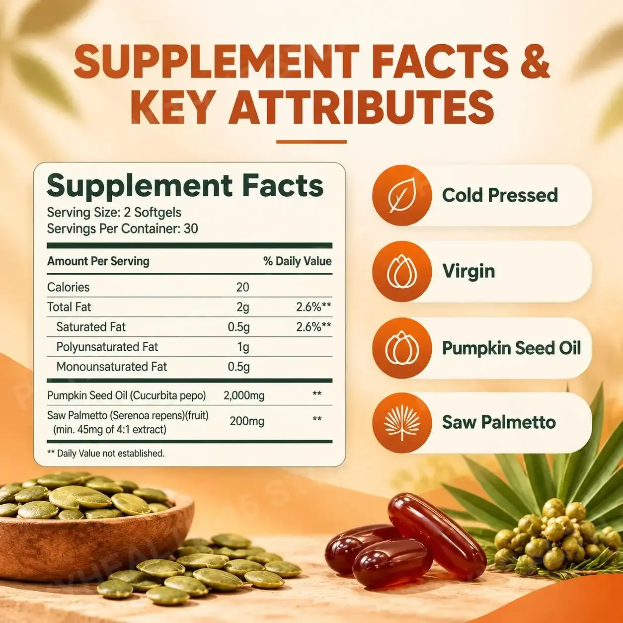 Pumpkin Seed Oil Softgels 2000mg with Saw Palmetto for Thinning Hair, DHT Balancing & Men's Wellness, Cold Pressed, 60 Count