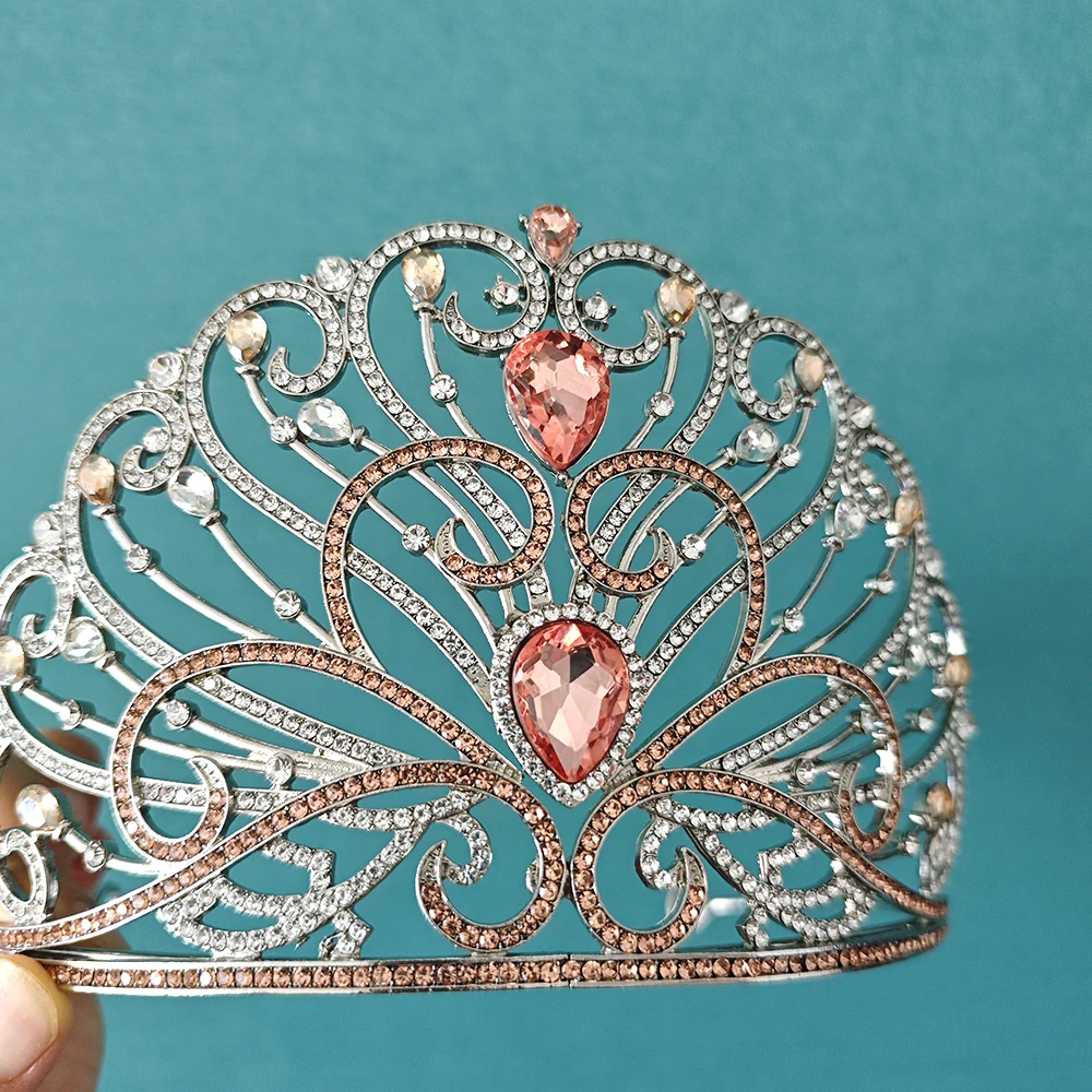 Luxury Miss World Pageant Crowns Pink Crystal Bride Hair Jewelry Queen Wedding Bridal Headpiece Accessories