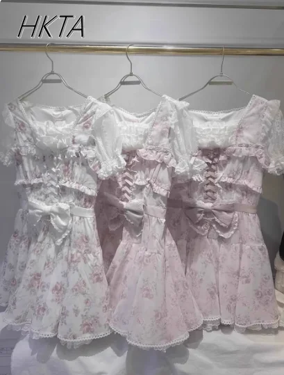 Japanese Liz Dress Sweet Cute Lace Shirt Cardigan Women V Neck Bow Ruffle Lace Top Rose Print Waist Bubble Short Sleeve Dress