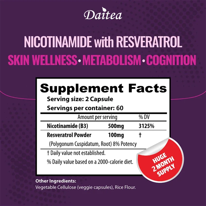 Niacinamide 500 Mg, Resveratrol 100 Mg - Vitamin B3, Supports NAD, Skin Cell Health and Energy